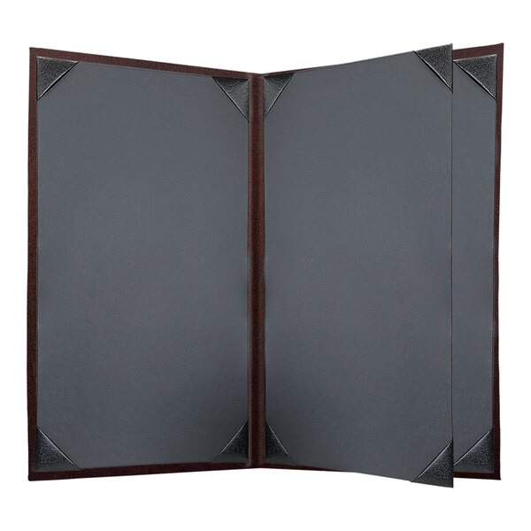 A brown and black H. Risch, Inc. Wine Tuxedo leather menu cover.