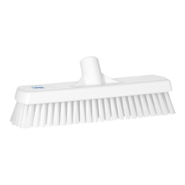 A close-up of a white Vikan wall/floor scrub brush head with stiff bristles.