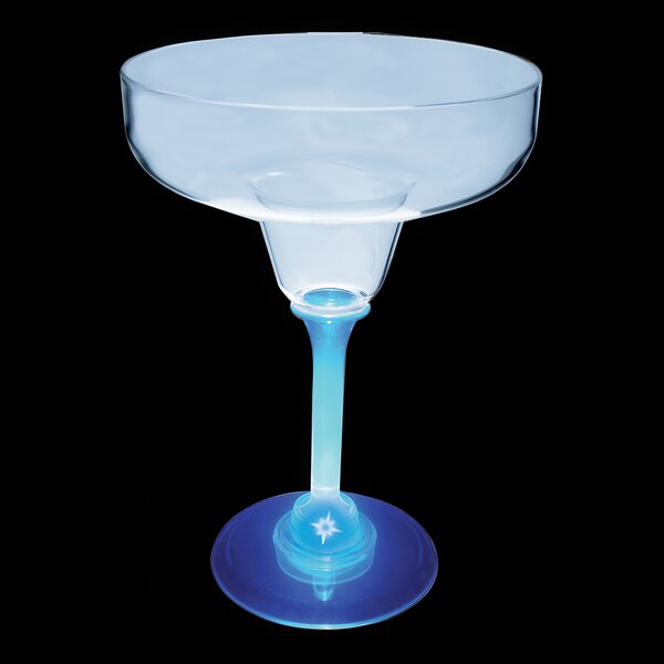 A clear plastic margarita cup with a blue base and LED light.