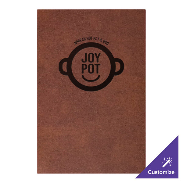 A brown H. Risch, Inc. leather menu cover with customizable picture corners on a table with a logo of a pot.