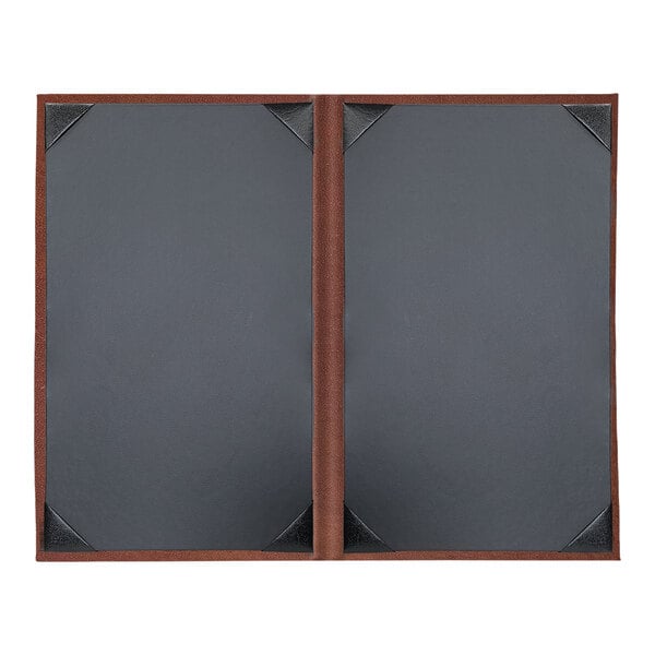 Two brown H. Risch, Inc. leather menu covers with black pages.