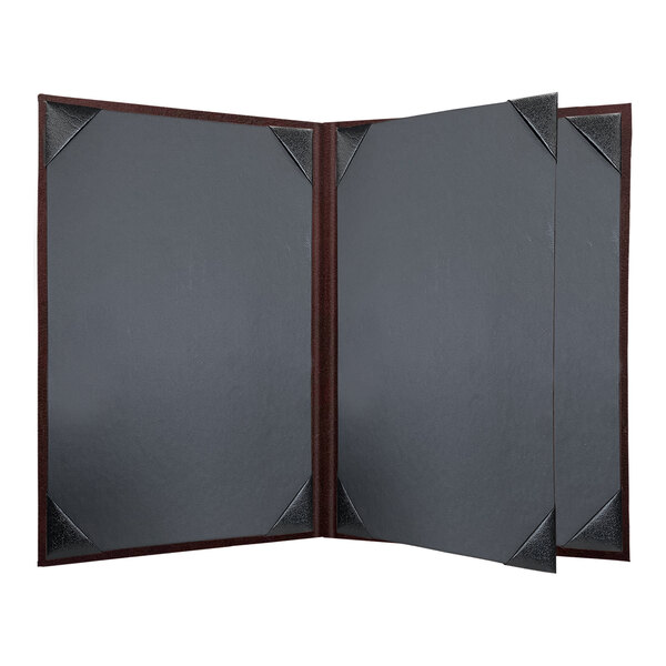 A black menu cover with brown corners.