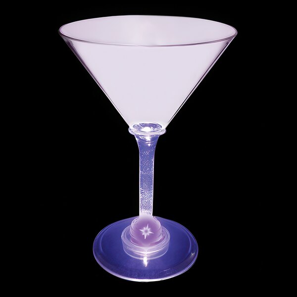 A customizable plastic martini glass with a purple stem and a blue base with a purple LED light.