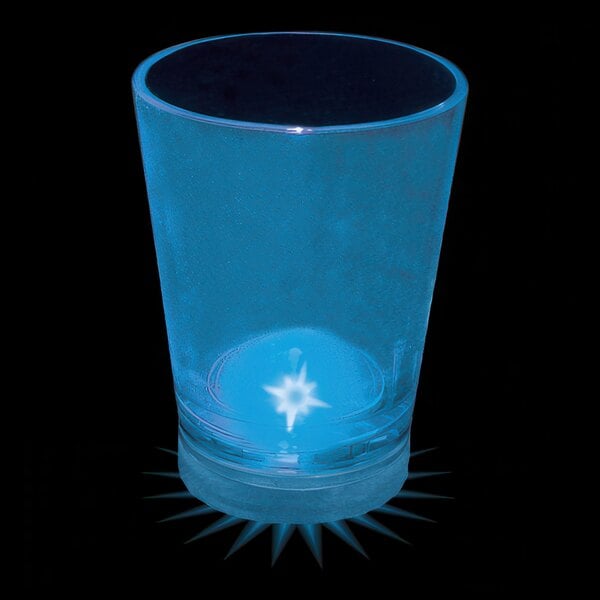 A blue plastic shot cup with a blue LED light in it.