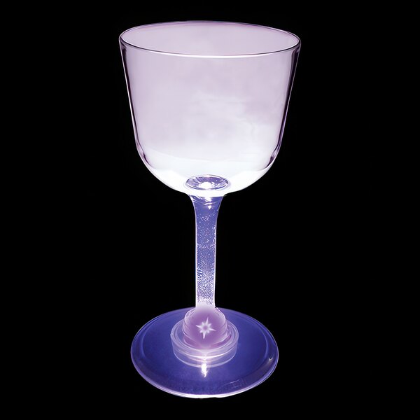A clear plastic wine cup with a purple LED light in the base.