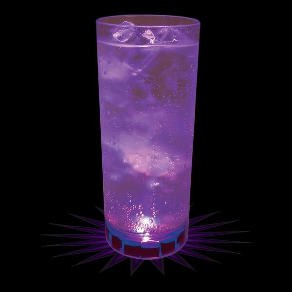 A customizable plastic cup with a purple LED light inside filled with purple liquid and ice.