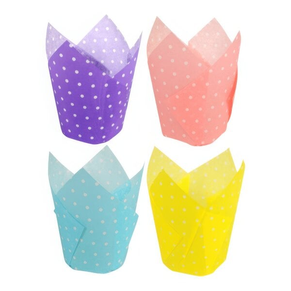 A group of Hoffmaster tulip baking cups with white wrappers and polka dots in various colors.