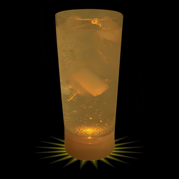 A 10 oz. customizable plastic cup with a yellow LED light filled with liquid and ice.