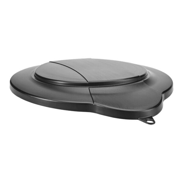 A black round plastic lid with a curved edge and two holes.