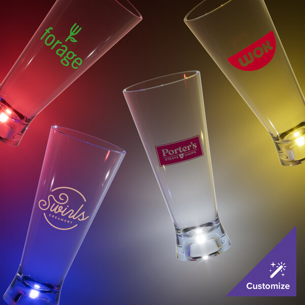 A customizable 12 oz. plastic pilsner cup with a blue LED light.