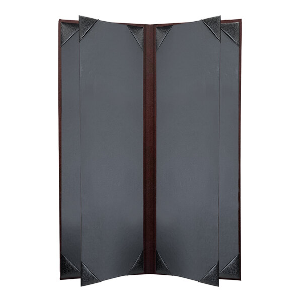 A wine tuxedo leather menu cover with customizable picture corners.