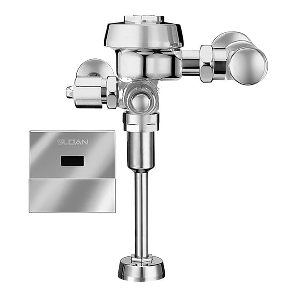 A chrome Sloan urinal flushometer with a square box and a digital display.