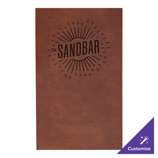 A brown H. Risch, Inc. leather menu cover with black text and logo in the center.