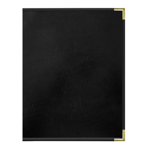 A black leather book with gold trim.