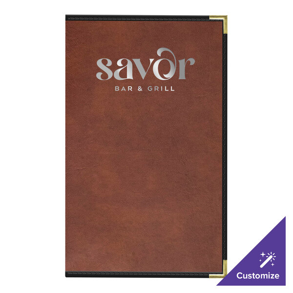 A brown leather H. Risch menu cover with silver text.