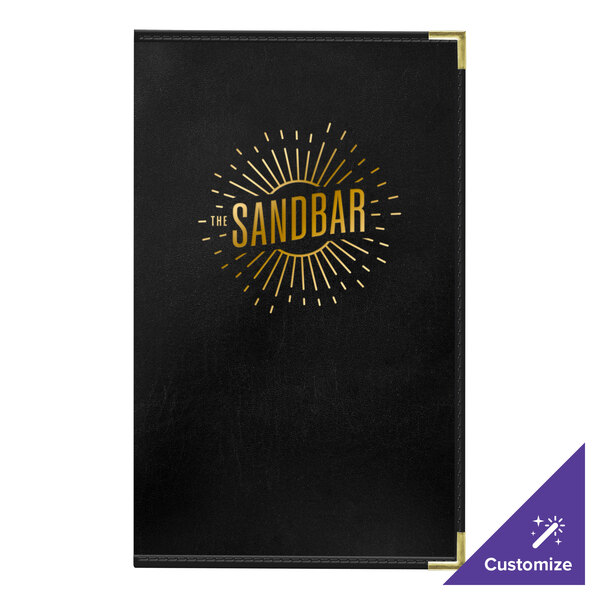 A black leather H. Risch menu cover with gold foil.