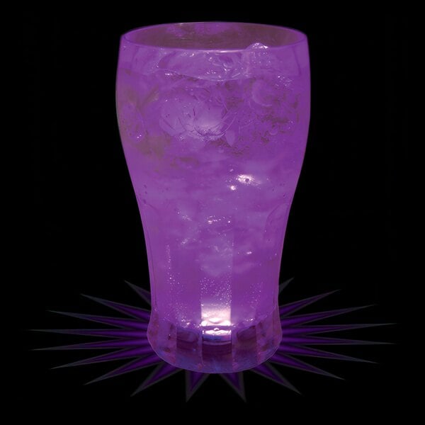 A customizable plastic soda cup with a purple LED light filled with ice and purple liquid.