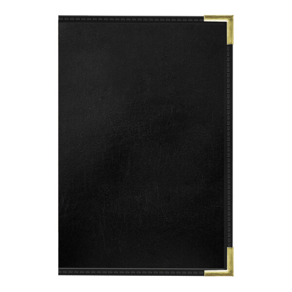 A black leather menu cover with a white border.