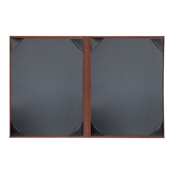 A brown and black H. Risch, Inc. leather menu cover with picture corners.