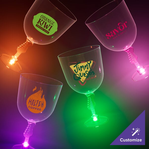 A close-up of a 14 oz. plastic wine glass with a purple LED light up stem.