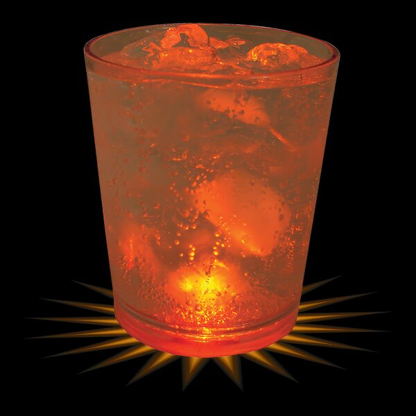 A 12 oz. plastic rocks cup with ice and a glowing light.