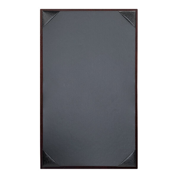 A rectangular black leather menu cover with picture corners.