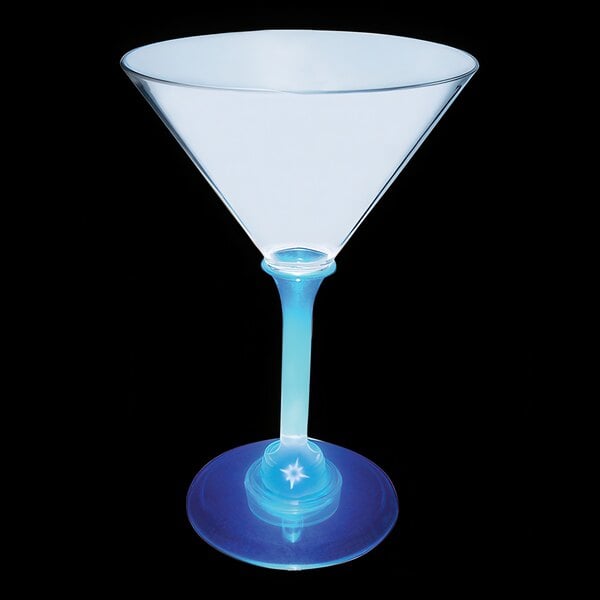 A clear plastic martini glass with a blue base and stem with a blue LED light inside.