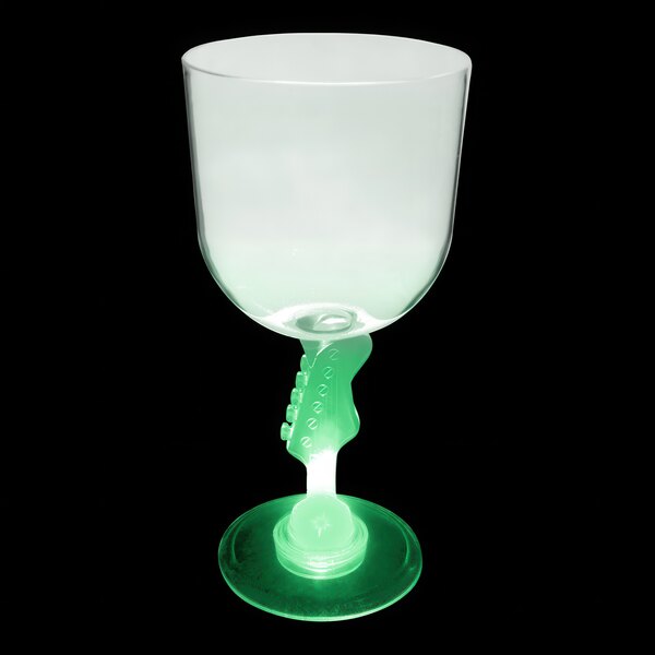 A close-up of a 14 oz. plastic goblet with a guitar stem and a green LED light.