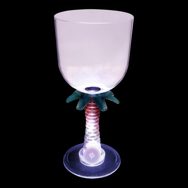 A close-up of a customizable plastic palm tree stem goblet with a purple LED light.