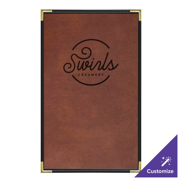 A brown leather menu cover with black text and an interior pocket.