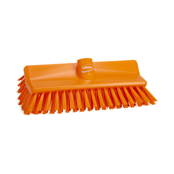 An orange Vikan deck brush head with medium stiff bristles.