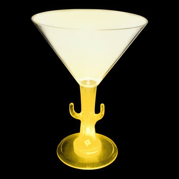 A yellow cactus shaped plastic martini glass with a yellow LED light on it.