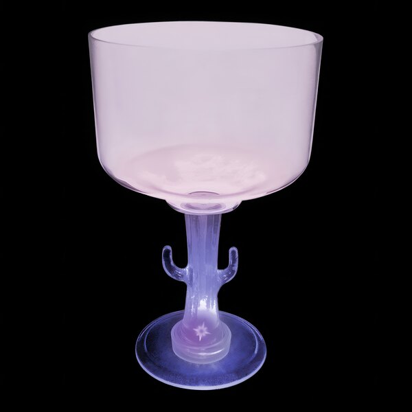 A clear plastic margarita cup with a purple cactus stem.