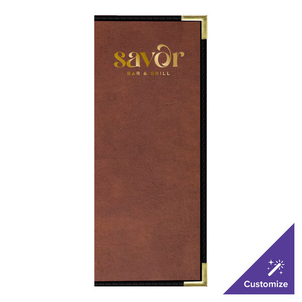 A brown leather H. Risch menu cover with gold trim and interior pocket.