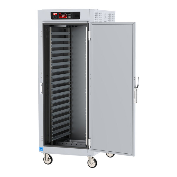 A grey Metro C5 8 Series heated holding cabinet with a door open on wheels.