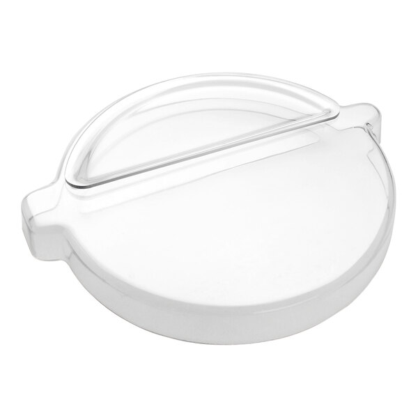 A white plastic lid with a clear handle.
