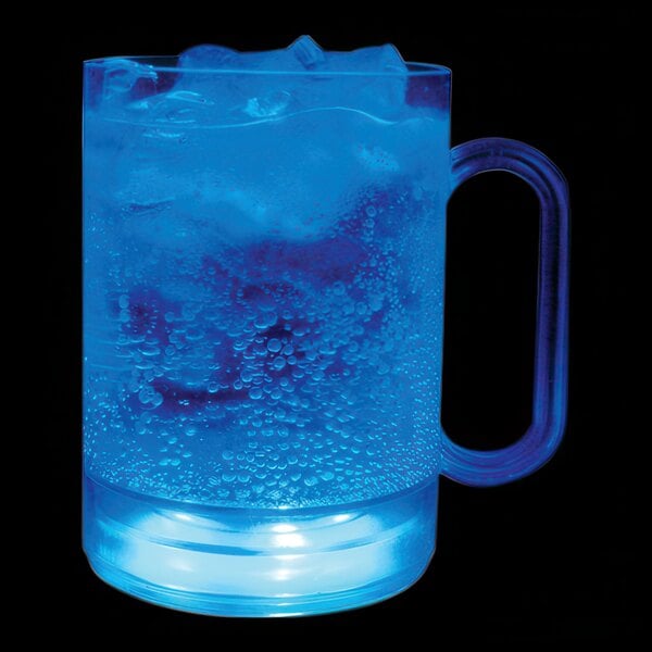 A close-up of a 16 oz. blue LED lighted mug with blue liquid.