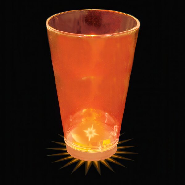 A customizable plastic shot cup with an orange LED light inside.