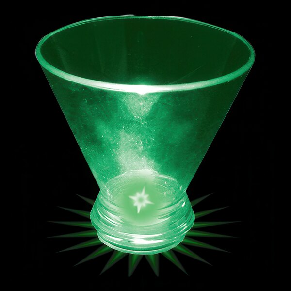 A customizable green plastic stemless martini cup with a green light inside.