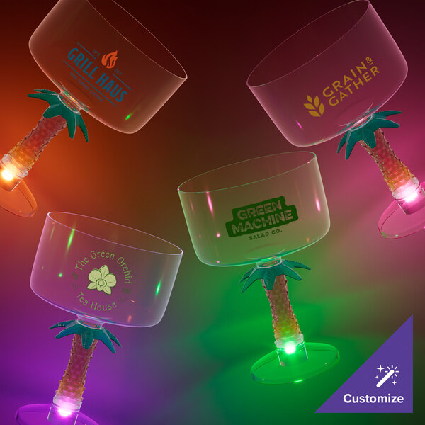An 18 oz. plastic margarita glass with a palm tree stem and an orange LED light.