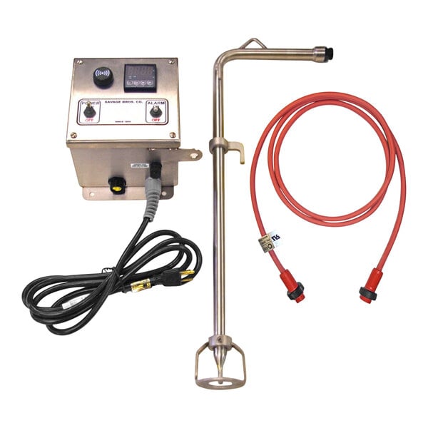 A Savage Bros digital probe thermometer with a red wire and silver box with buttons.