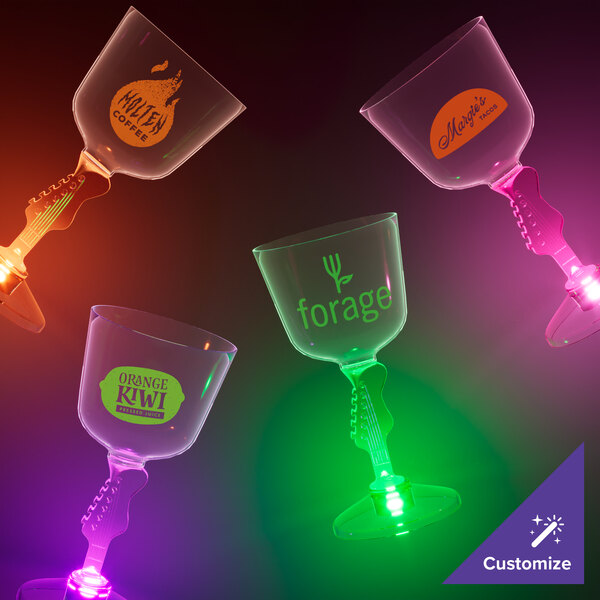 A group of 7 oz. plastic wine glasses with guitar stems and pink LED lights.