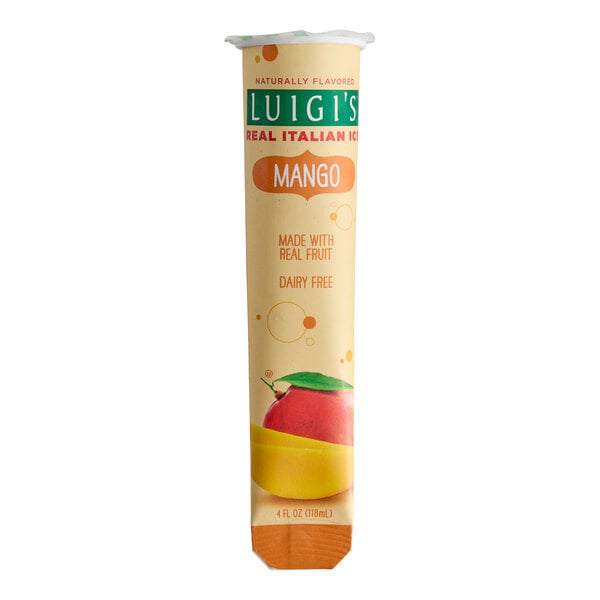 A close-up of a Luigi's Mango Italian Ice tube with a mango on the packaging.