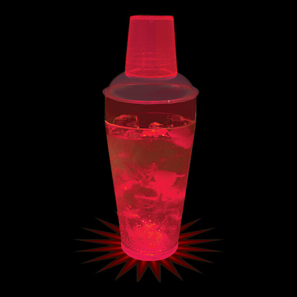 A red 20 oz. plastic cocktail shaker with ice and water.