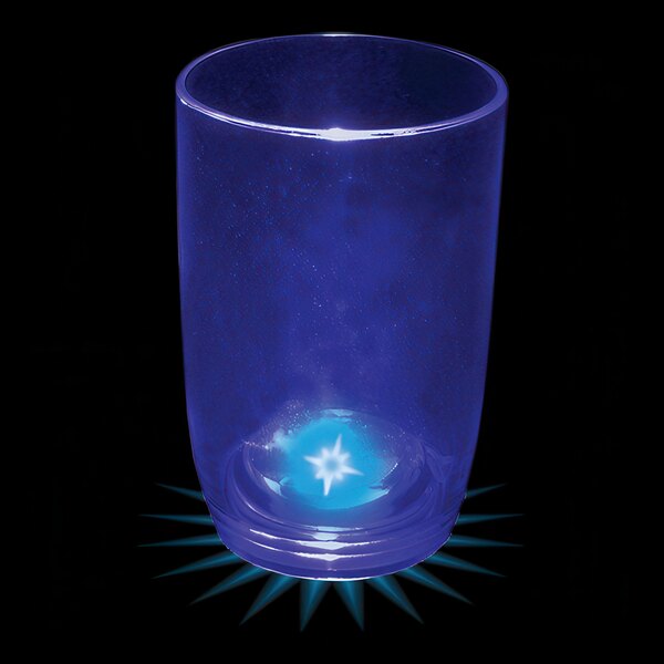 A customizable blue plastic stemless wine cup with a blue LED light inside.