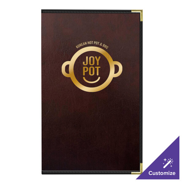 A brown leather H. Risch, Inc. menu cover with a logo on it.