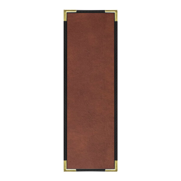 A brown rectangular leather menu cover with black trim and an interior pocket.