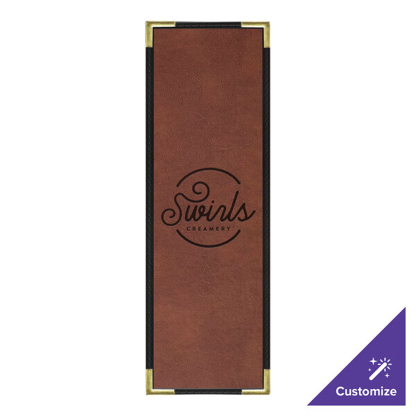 A brown rectangular leather menu cover with interior pocket.