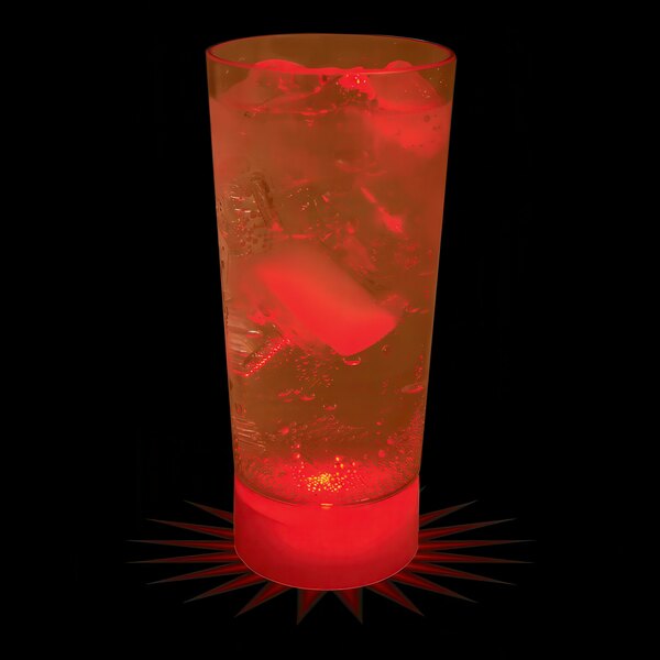 A customizable plastic cup with red LED light filled with a drink and ice cubes.