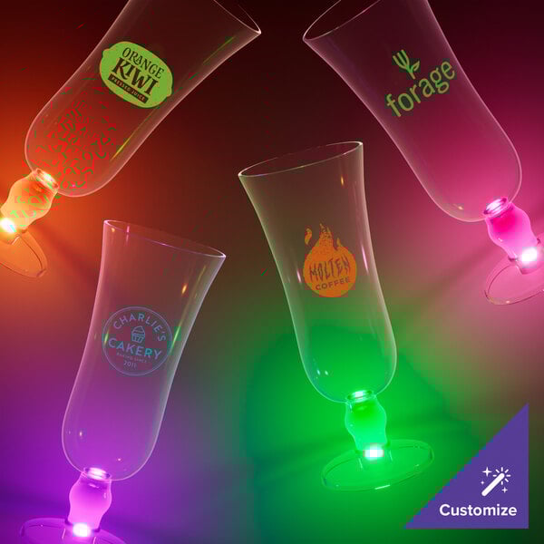 A group of customizable Hurricane cups with different colored LED lights.